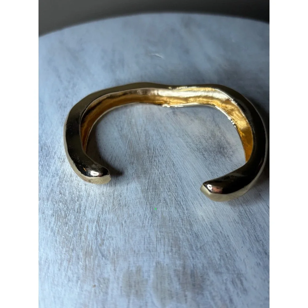 Gold Tone Organic Wavy Cuff Bracelet Sculptural Statement Open Bangle